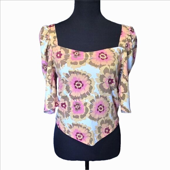 Free People Floral Puff Sleeve Crop Top L NEW Cottagecore Boho Peasant Milkmaid - Picture 4 of 10